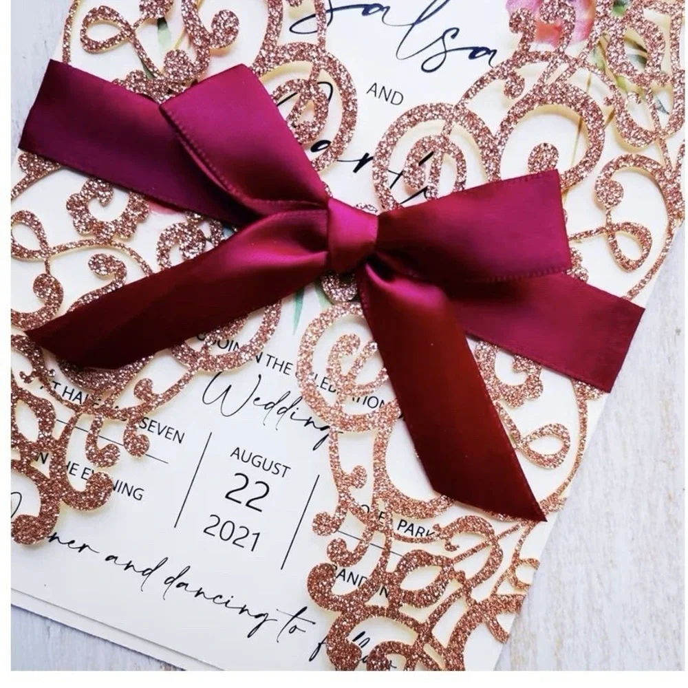 20x Laser Cut Lace Flora Wedding Invitation Cards with Ribbon Bow and Envelop...